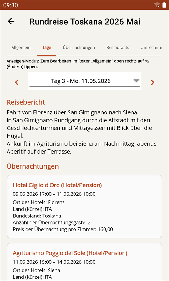 Ein Reisetag mit Bericht und Übernachtung.